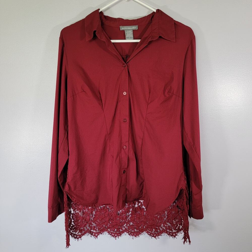 Lace Burgundy Button Blouse Tunic Sz L  Cottage Romantic Feminine Kate & Mallory
